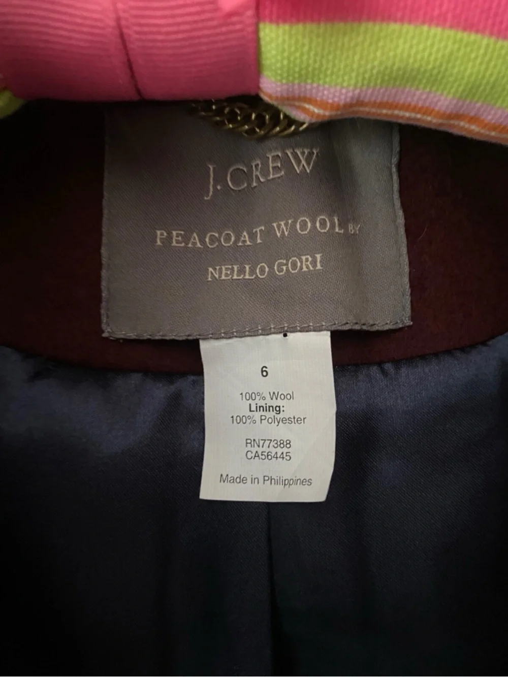 J. Crew Double-Breasted Burgundy Pea Coat with Black Trim Size 6 - Picture 3 of 5